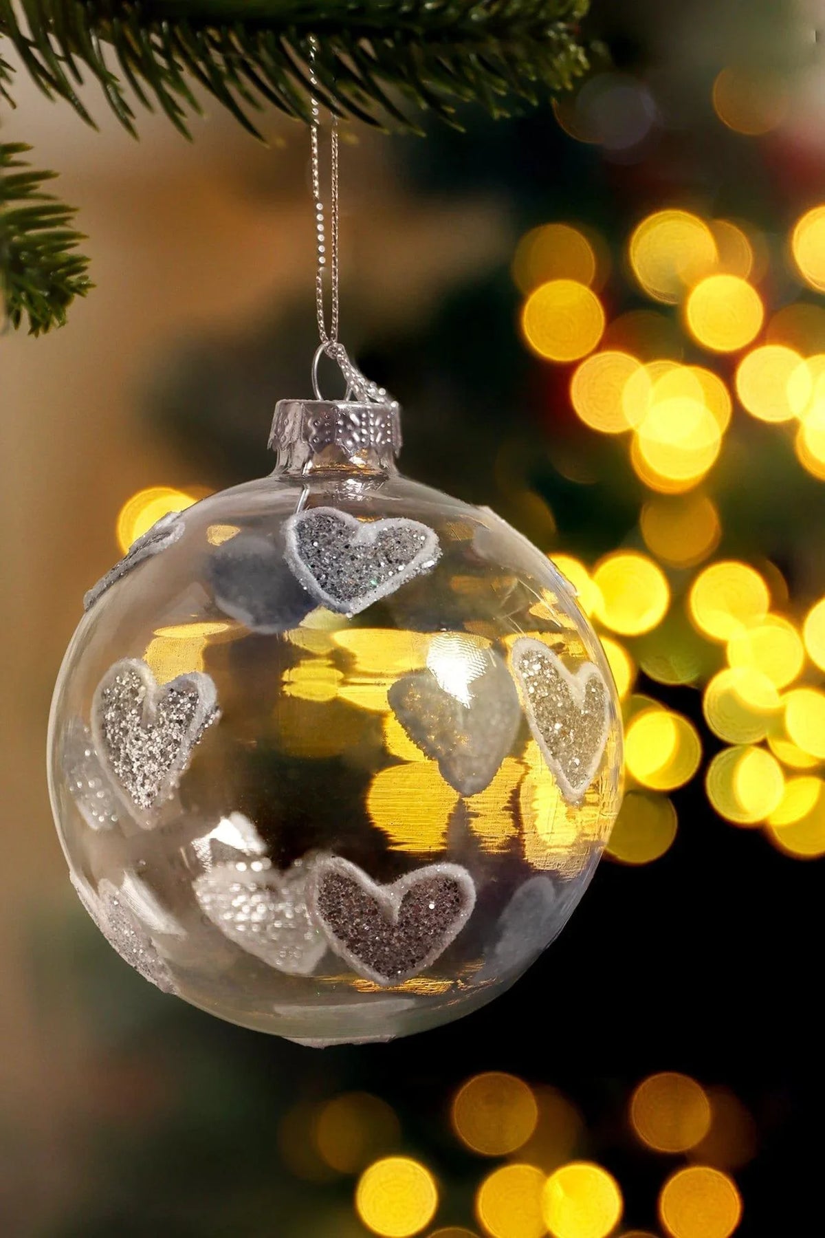 Hand-Blown Clear Glass Christmas Bauble with Silver Glitter Hearts — G Decor