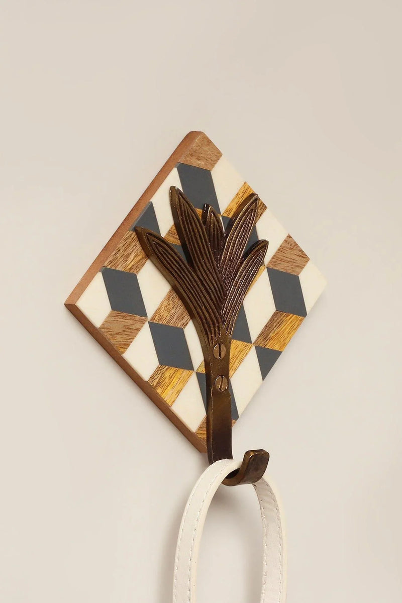 Antique Brass Wall Hook on Cubic Wooden Base