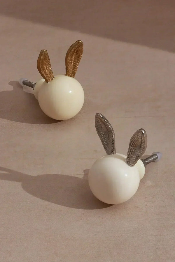 Brass and Porcelain Bunny Ear Cabinet Knob