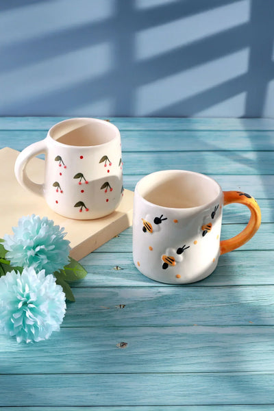 Hand-Painted Bee and Cherry Ceramic Mug Collection