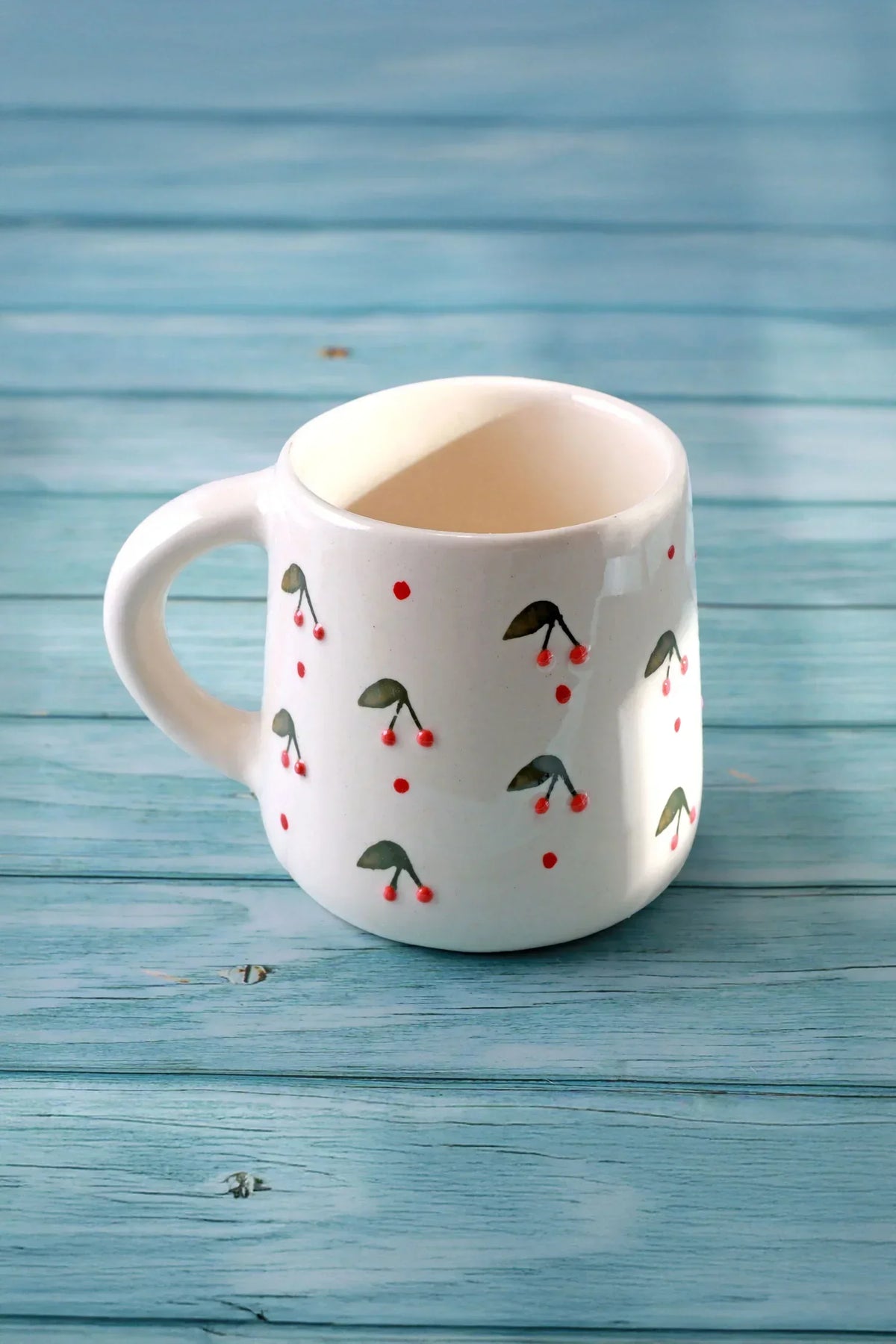Hand-Painted Bee and Cherry Ceramic Mug Collection — close-up view, G Decor