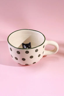Hand-Painted Peekaboo Cats Polka Dot Ceramic Mug with 3D Kitty