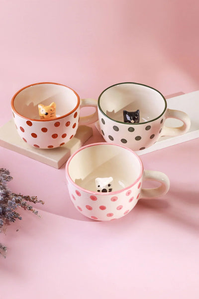 Hand-Painted Peekaboo Cats Polka Dot Ceramic Mug with 3D Kitty