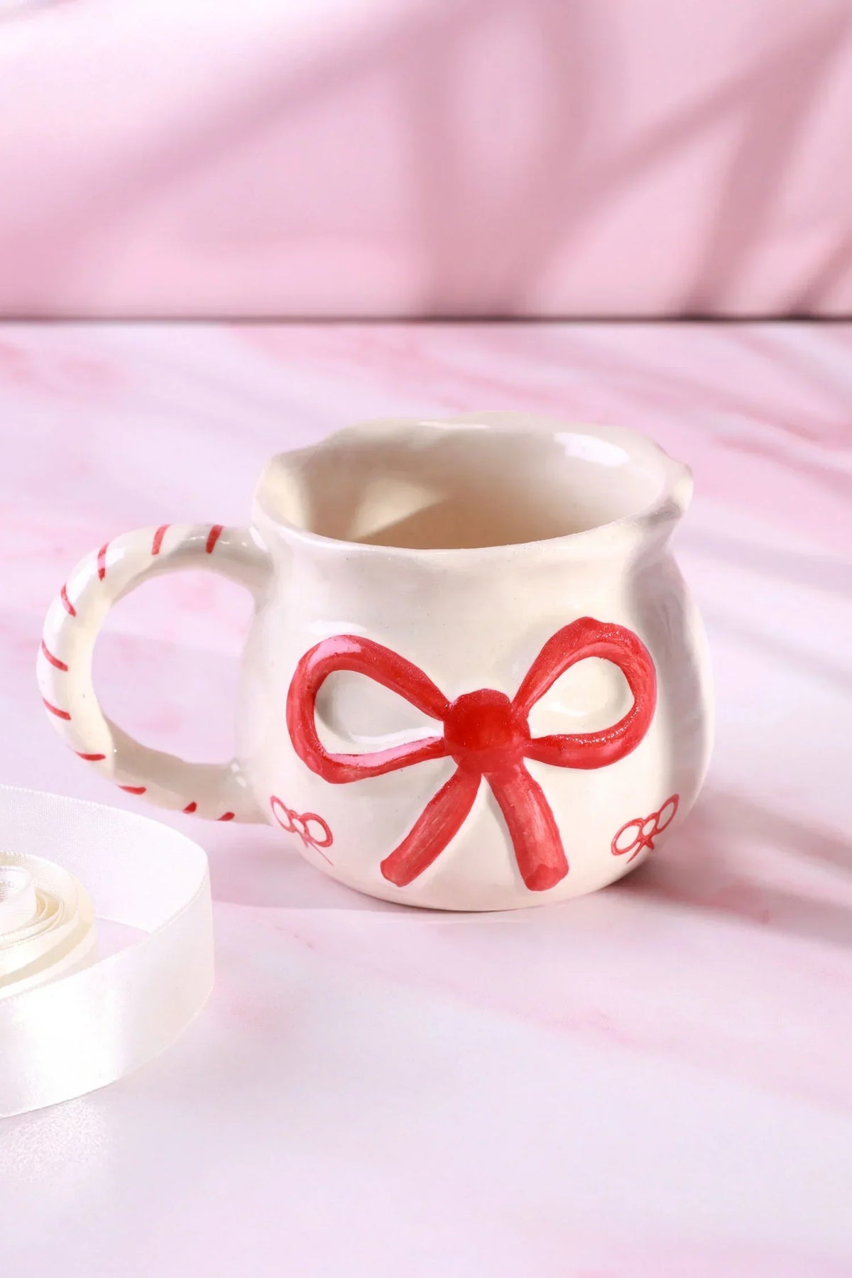 Hand-Painted Red Bow Ribbon Ceramic Gift Mug — alternate view, G Decor