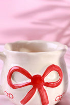 Hand-Painted Red Bow Ribbon Ceramic Gift Mug — close-up view, G Decor