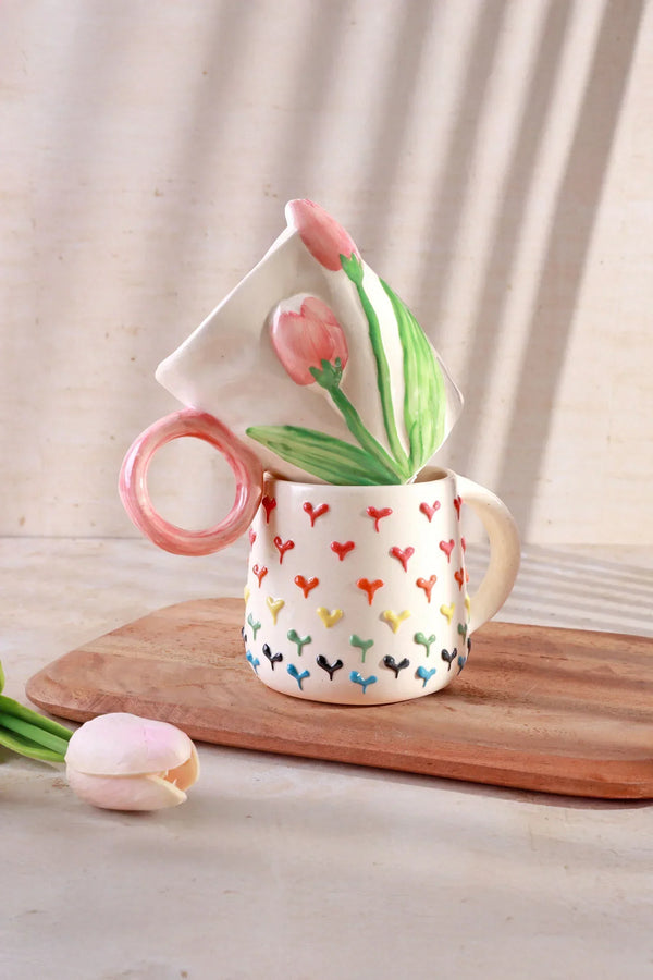 Hand-Painted Tulip and Hearts Ceramic Mug Collection