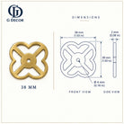 Dimension drawing, pierced openwork quatrefoil satin brass backplate, 38 x 38mm