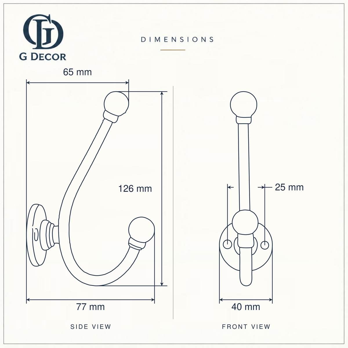 Size drawing of the long ball tip hook: 126 mm (4.96 in) tall, sticks out 77 mm (3.03 in), back plate 40 mm (1.57 in) wide, screw holes 25 mm (0.98 in) apart