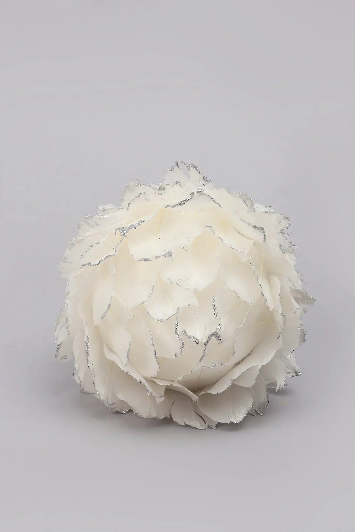 White Feather Snowfall Christmas Bauble — close-up view, G Decor