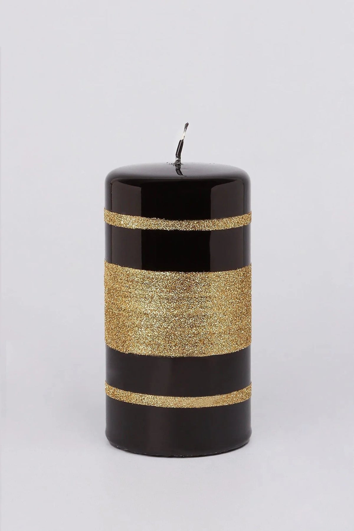 Clarae Mirror Glass Pillar and Ball Candles in Black and Gold Stripe — lifestyle view, G Decor