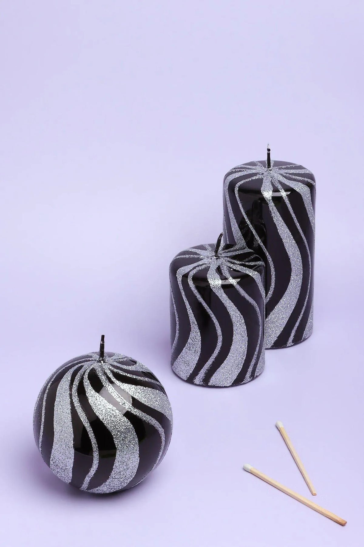 Mirror Glass Pillar and Ball Candles in Black and Silver Glitter — G Decor