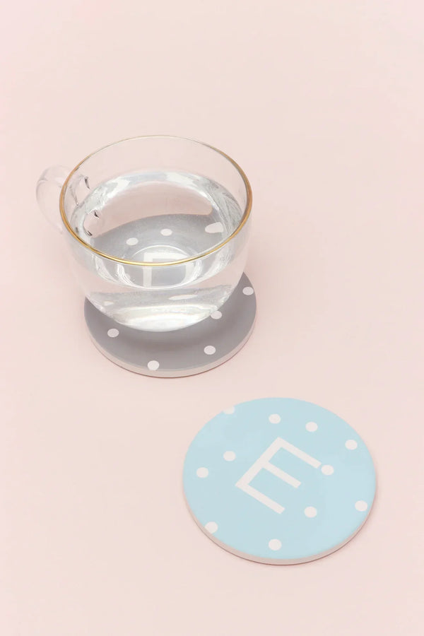 Personalised Pastel Polka Dot Monogram Ceramic Coaster with Cork Base