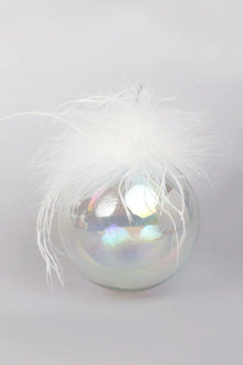 Pearlescent Glass Christmas Baubles with White Feather Detail