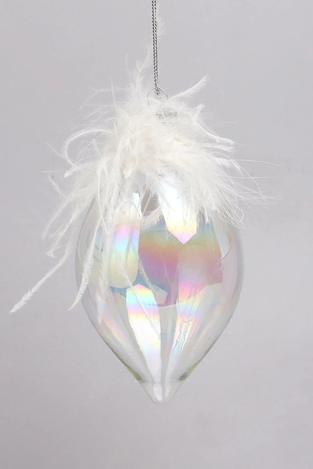 Pearlescent Glass Christmas Baubles with White Feather Detail — lifestyle view, G Decor