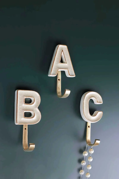 Personalised Cream Crackle Monogram Coat Hook in Antique Brass Finish