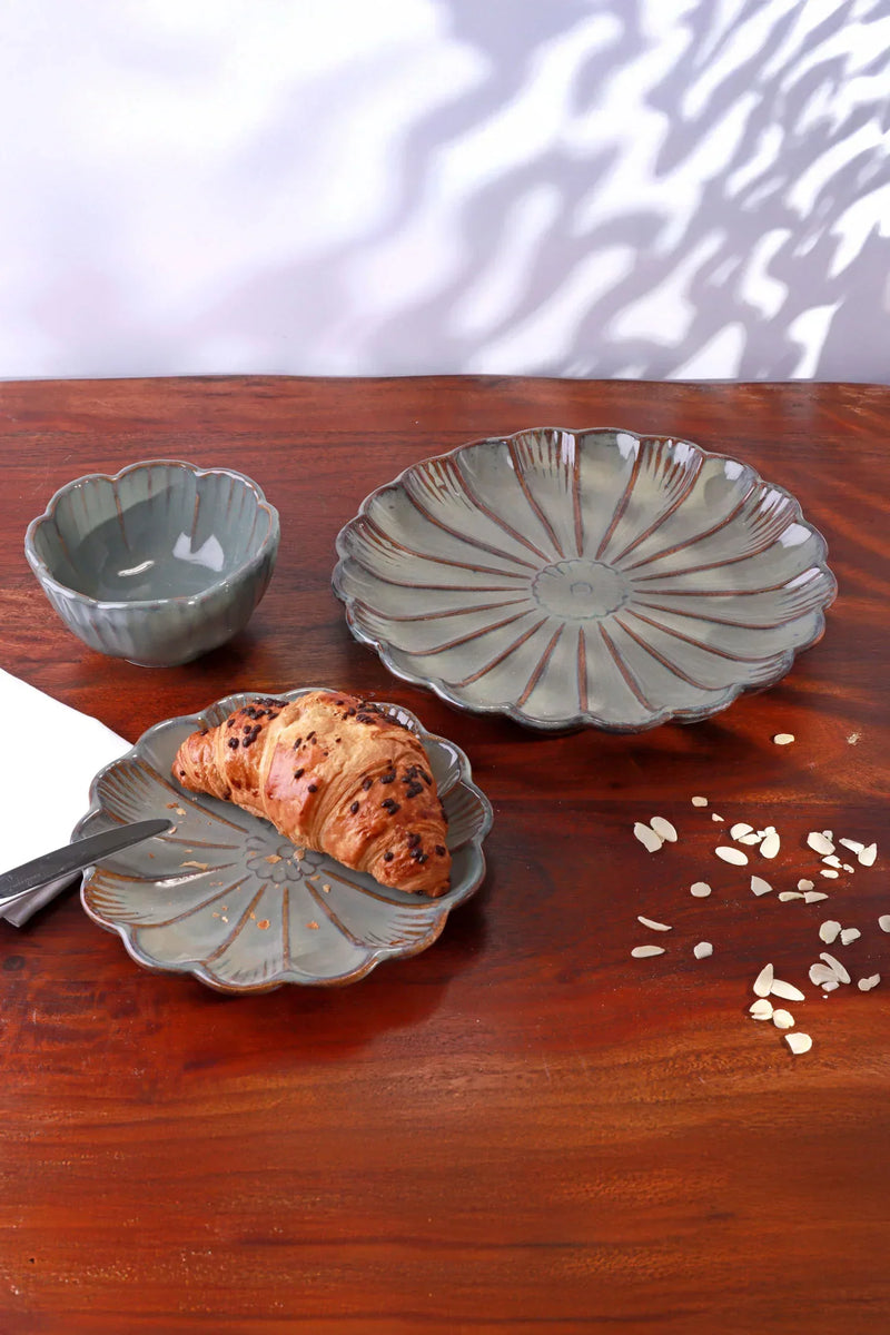 Petal Bloom Floral Carved Stoneware Plates and Bowls – Set of 12