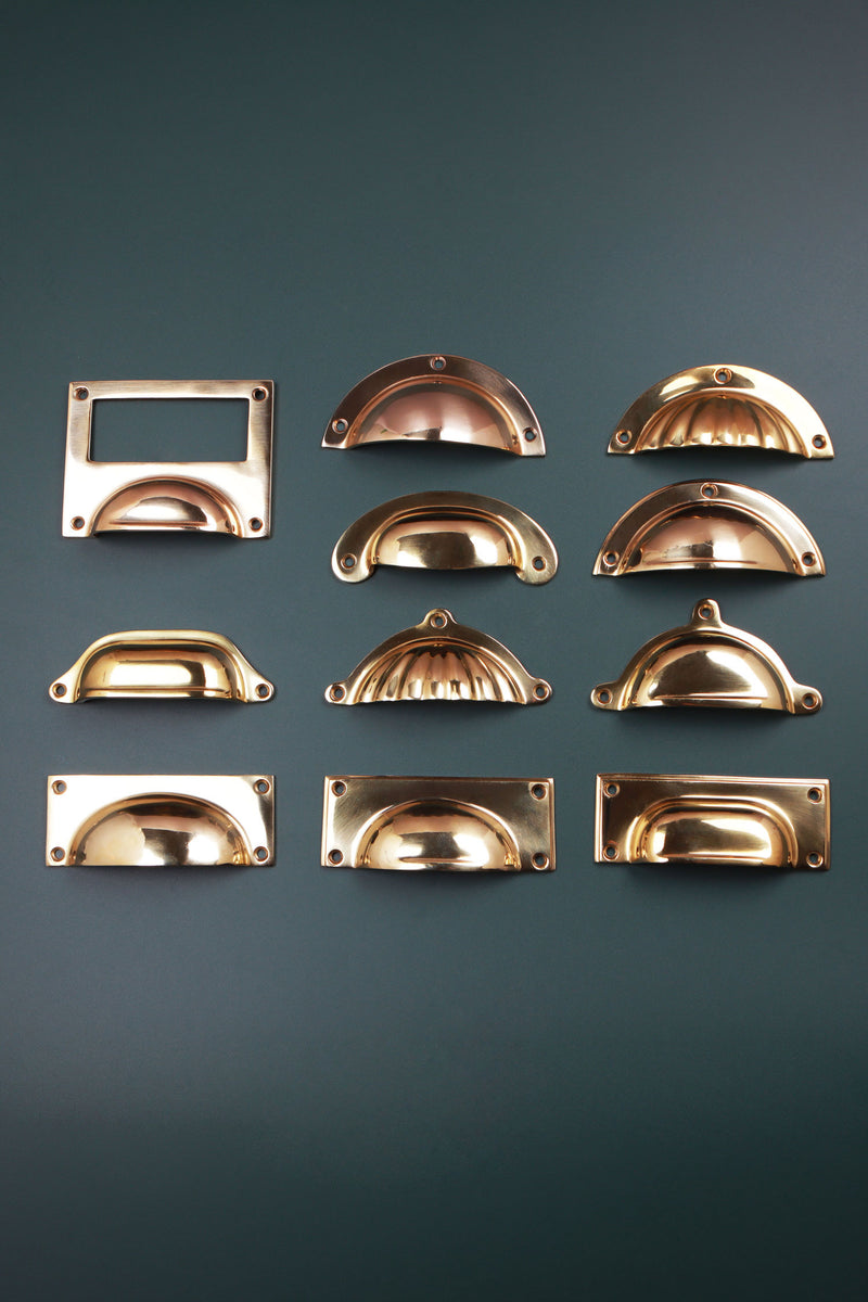 Polished Brass Cup Pulls in 11 Styles, Unlacquered Solid Brass Cup Handles and Bin Pulls, Card Frame Label Pull, Kitchen Drawer Hardware