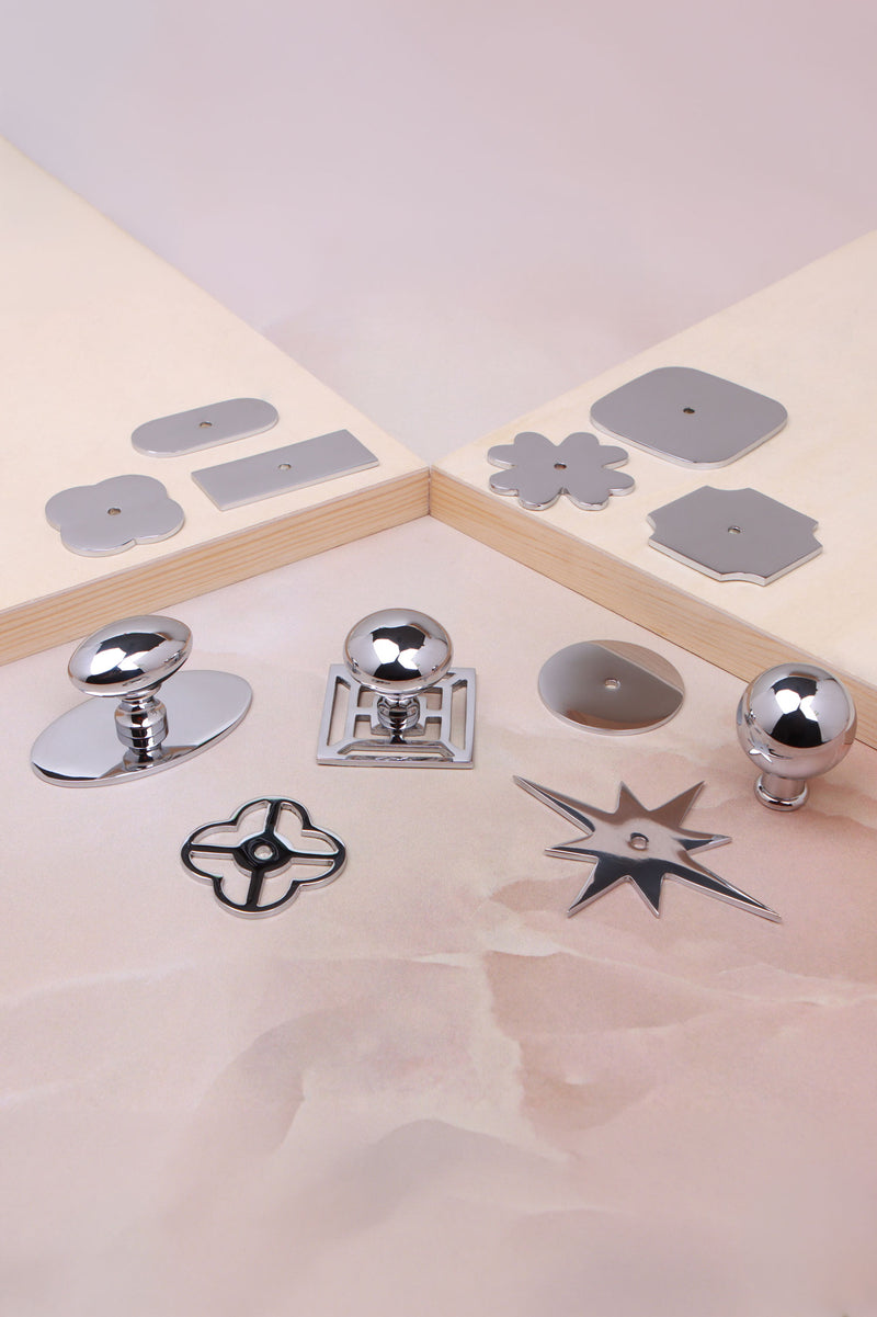 Polished Chrome Cabinet Knobs and Backplates, Mix and Match Ball, Oval and Mushroom Cupboard Knobs, Chrome Plated Solid Brass