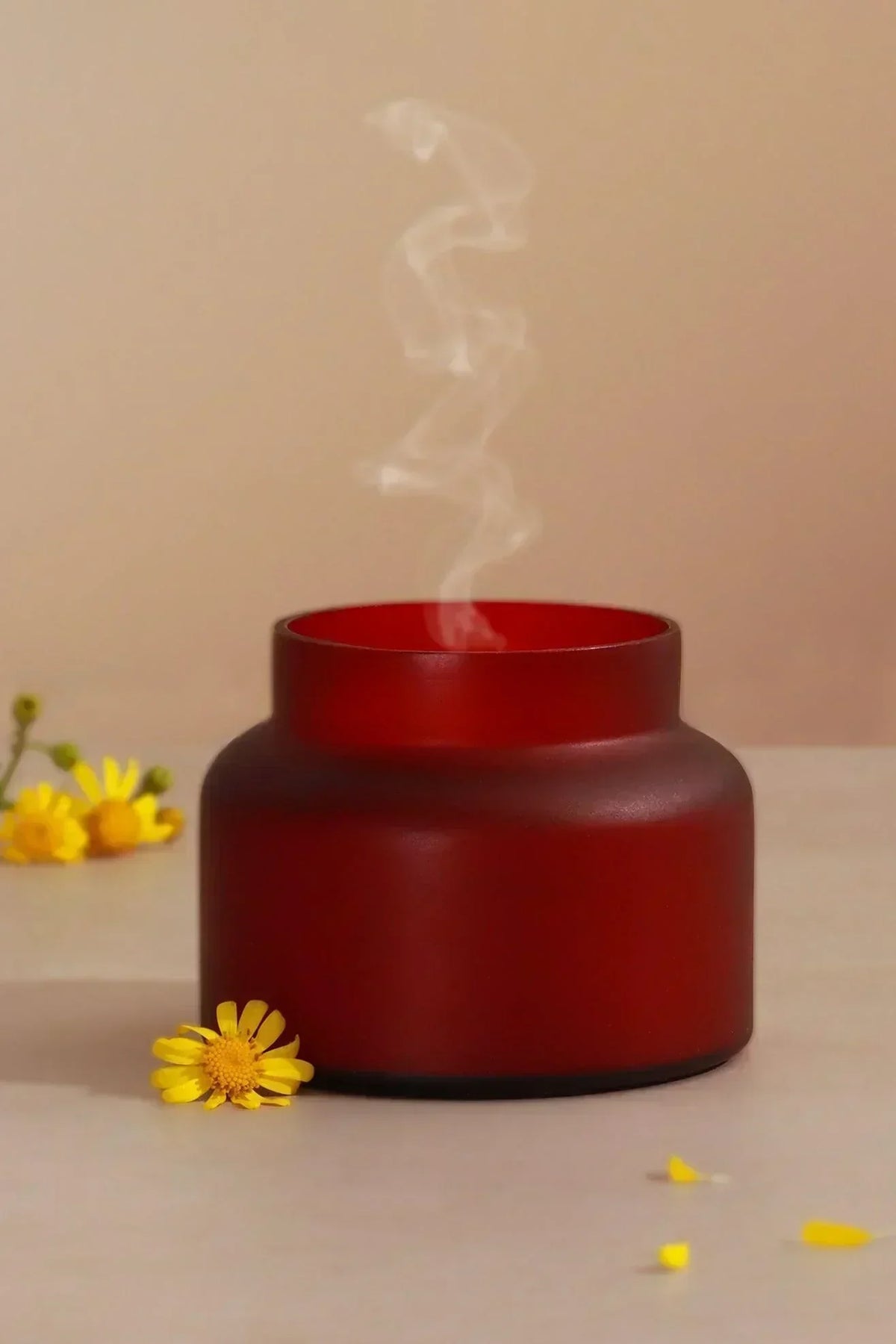 Rasa Ember Sandalwood Scented Candle in Frosted Red Glass — view 6, G Decor