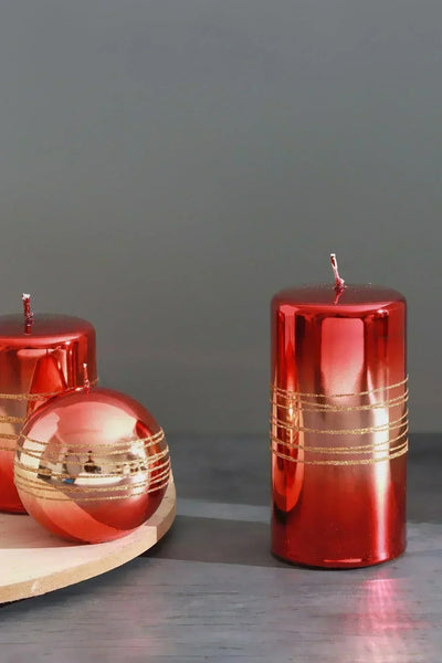 Roselane Spiegelglas-Säulenkerze in Karminrot mit Goldstreifen