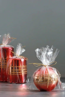 Roselane Mirror Glass Pillar Candle in Crimson Red with Gold Stripe
