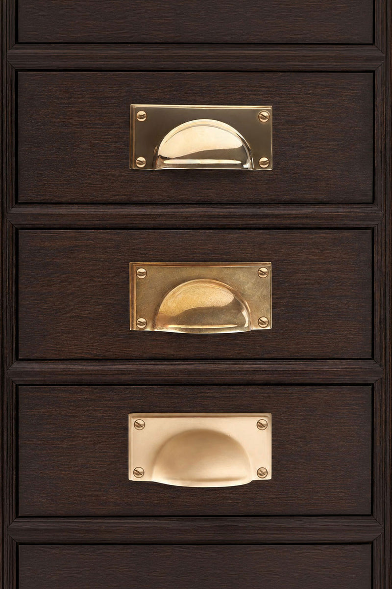 Brass Cup Pull with Rounded Backplate, 4 Inch Solid Brass Drawer Pull in Polished, Aged or Satin Brass, Kitchen Cupboard Cup Handle