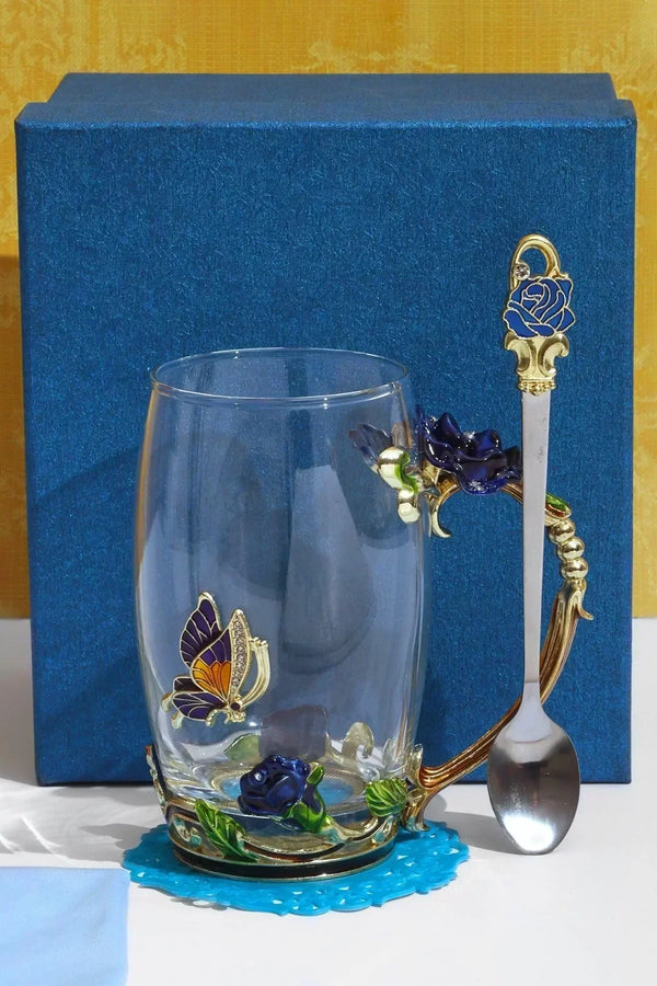 Coffret Cadeau Tasse Rose Bleu Royal avec Cuillère et Sous-verre