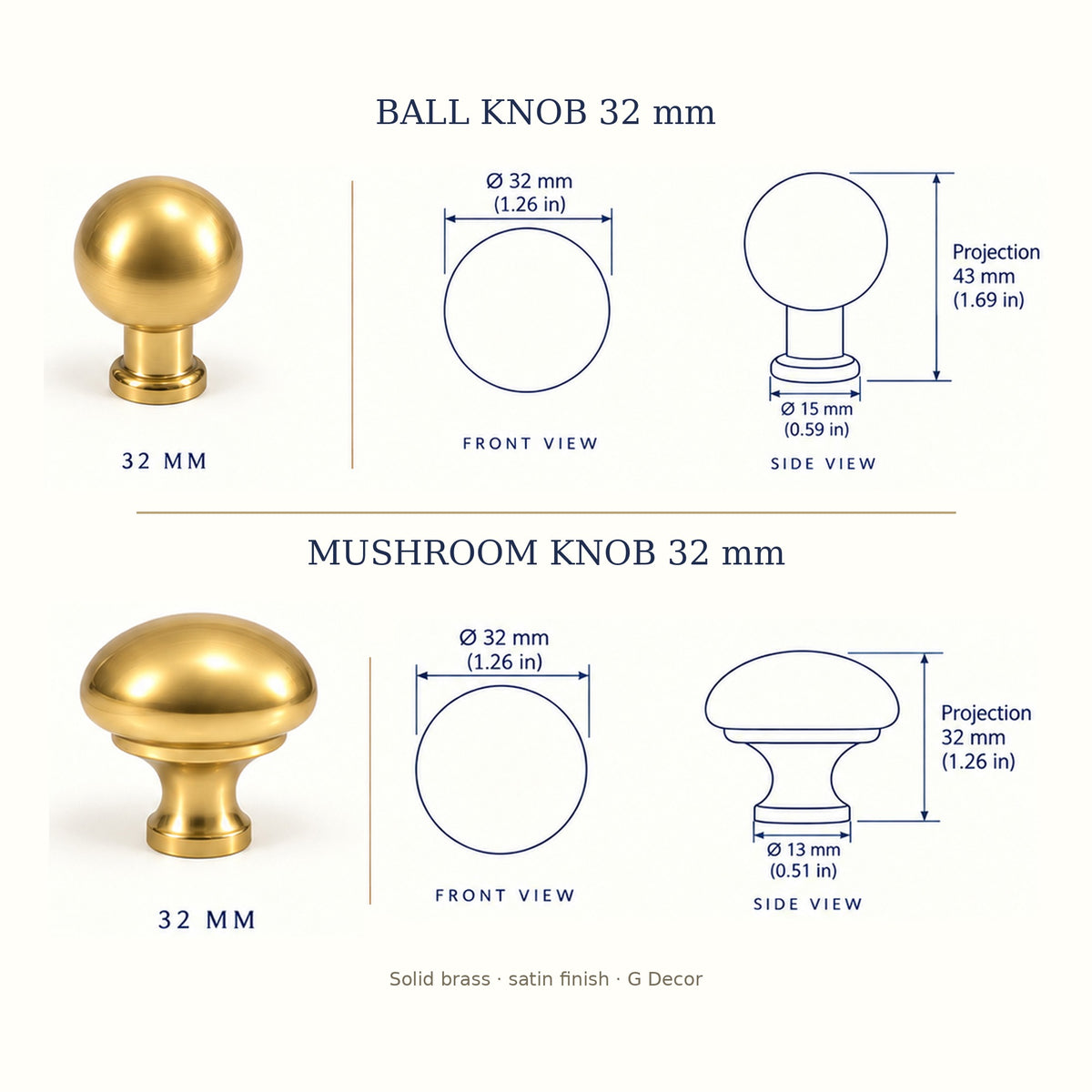 Size drawing: ball cabinet knob in satin brass