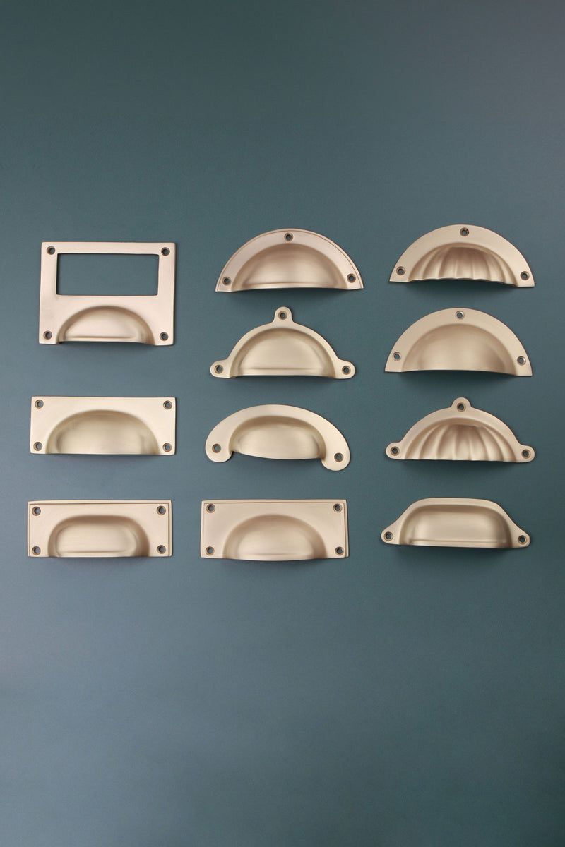 Satin Brass Cup Pulls in 11 Styles, Unlacquered Solid Brass Cup Handles and Bin Pulls, Card Frame Label Pull, Kitchen Drawer Hardware