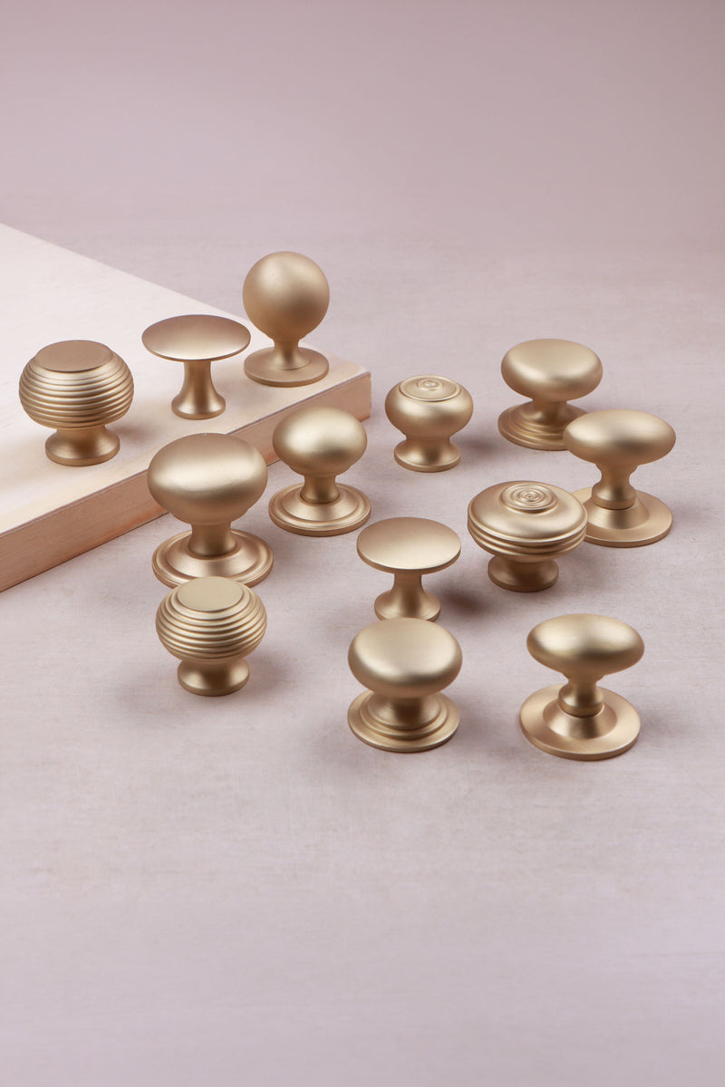 Satin Brass Cabinet Knobs, Unlacquered Solid Brass Cupboard Door Knobs in 13 Styles, Beehive, Victorian, Bun and Bloxwich Drawer Knobs