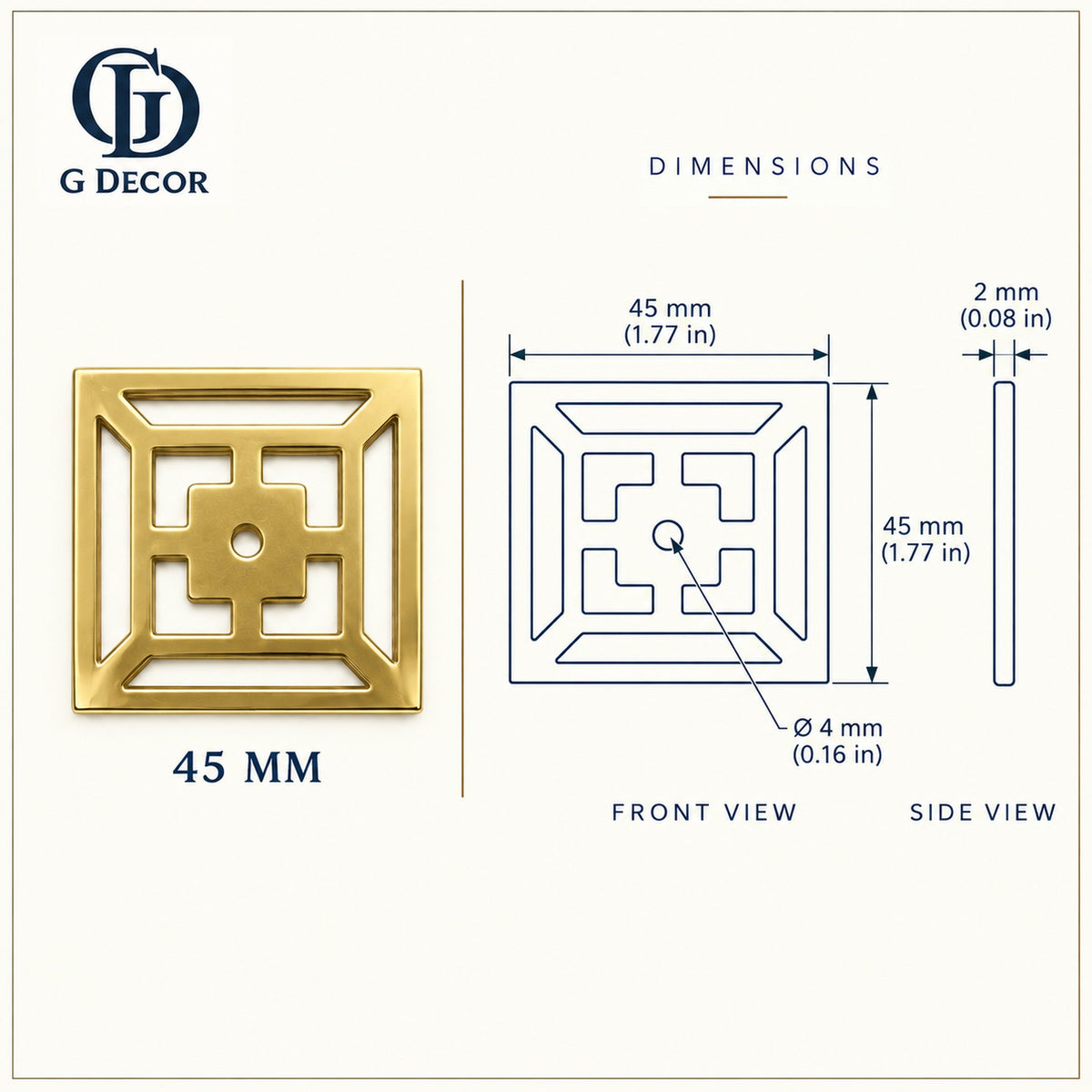 Size drawing: fretwork backplate 45mm in satin brass