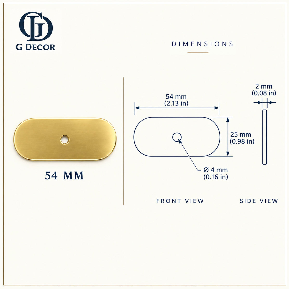 Size drawing: oblong backplate 54x25mm in satin brass