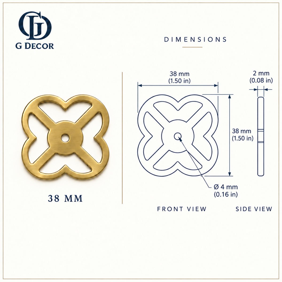 Size drawing: pierced backplate 38mm in satin brass