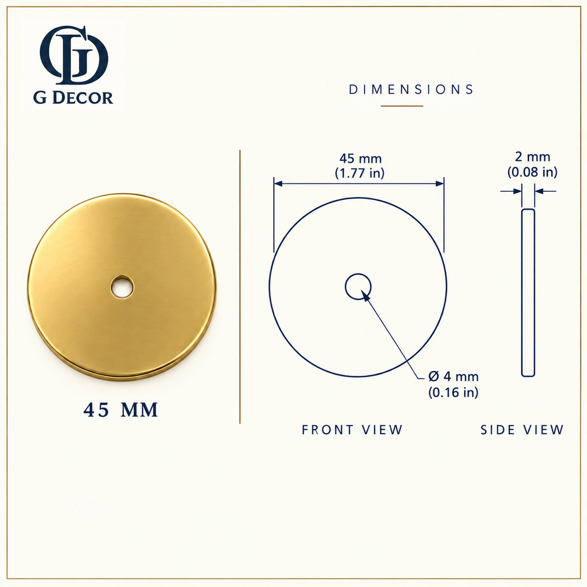 Size drawing: round backplate 45mm in satin brass