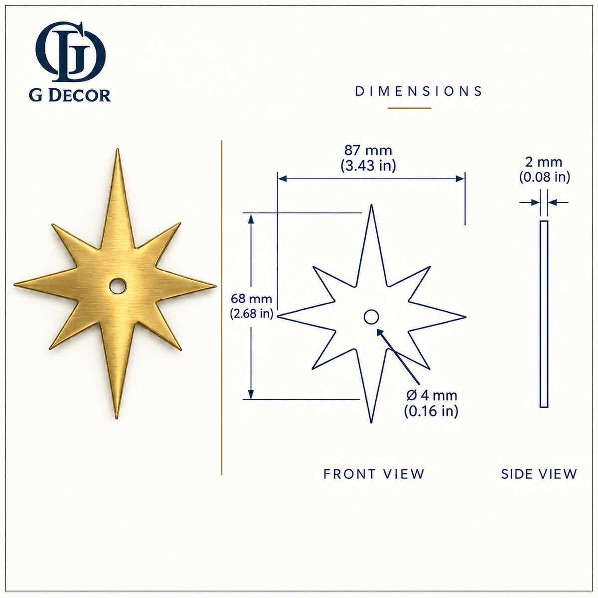 Size drawing: star backplate 87x68mm in satin brass