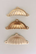 Scalloped cup pull in polished, aged and satin brass, third view