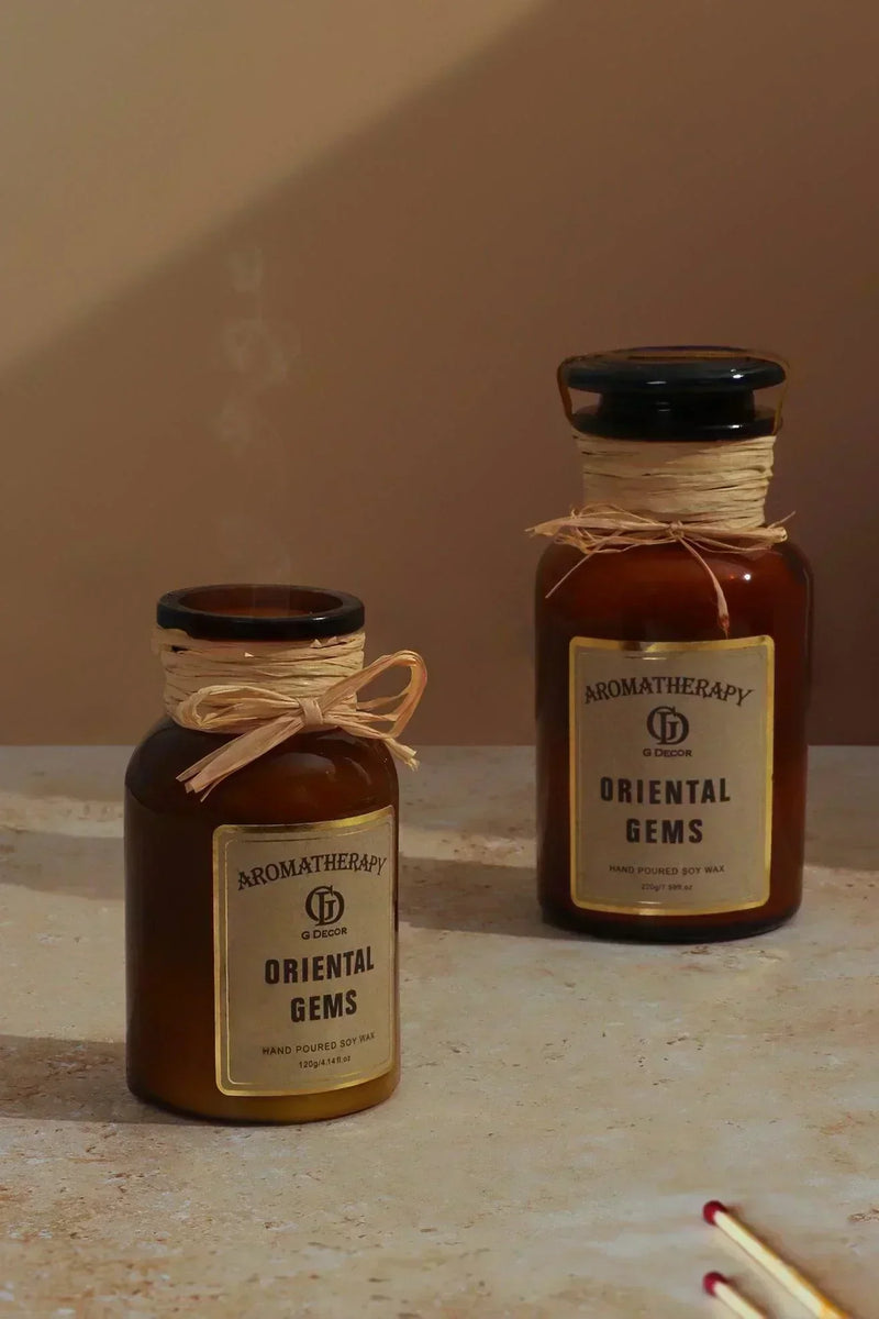 Orientalische Edelsteine Elixier Sojawachskerze im Apothekerglas Bernsteinfarben
