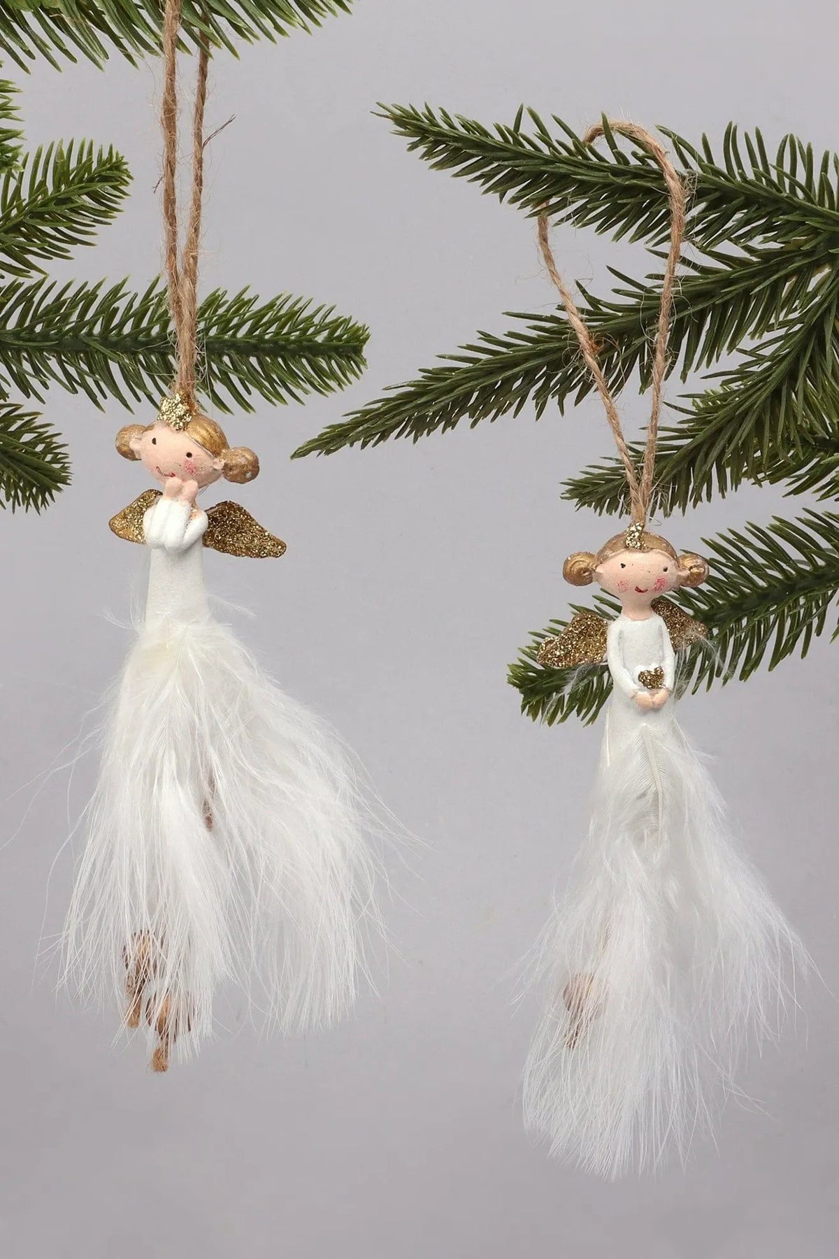 Pair of Hand-Painted Soft Feather Angels in White and Gold — G Decor