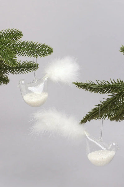 Handgeblasene Weihnachtskugeln aus Glas in Taubenform mit Federschwänzen – Paar