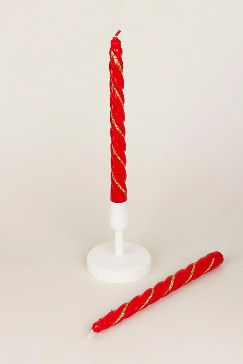 Maison Dorée Pair of Scarlet Red Spiral Glitter Taper Candles