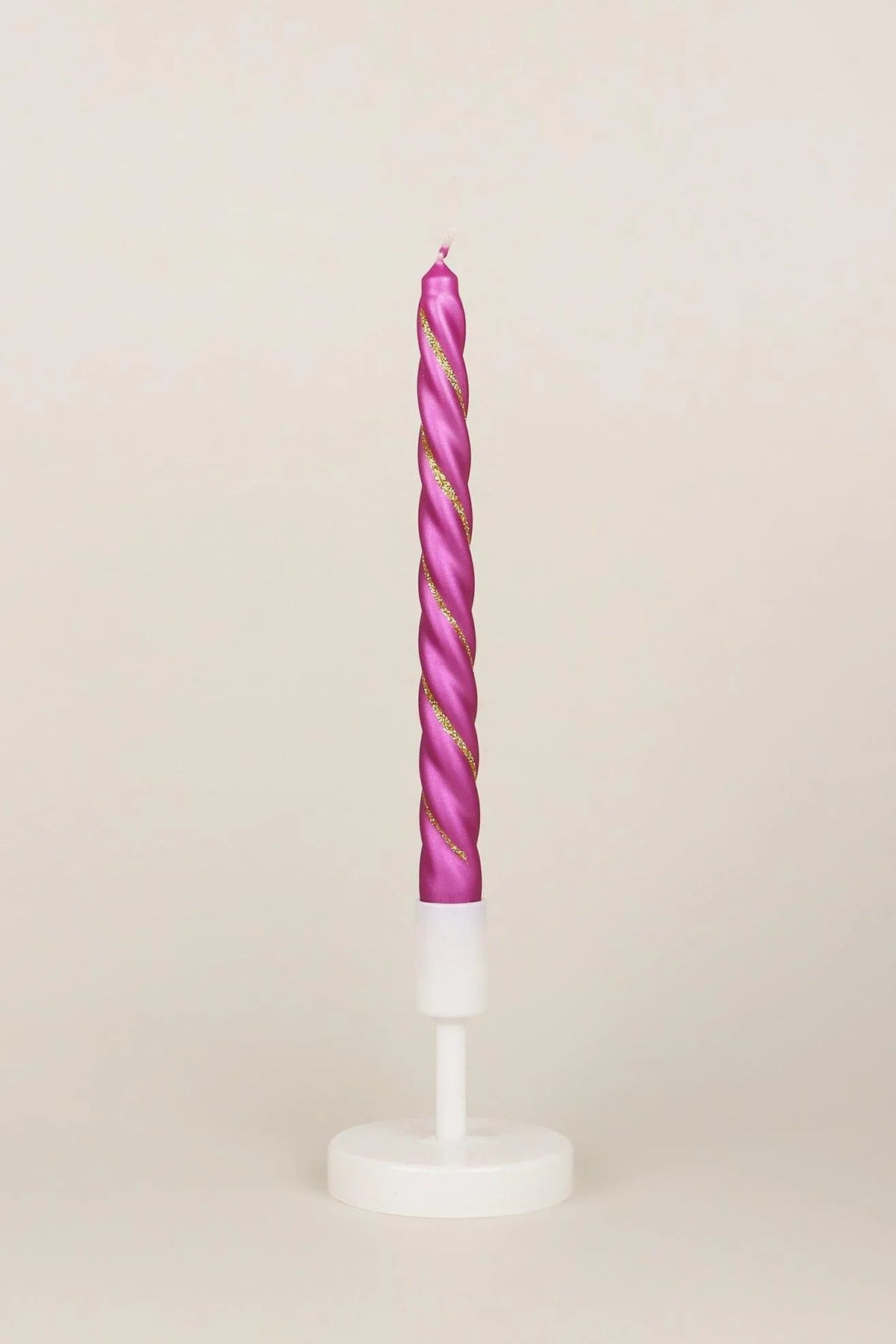 Maison Dorée Pair of Violet Orchid Spiral Glitter Taper Candles — close-up view, G Decor