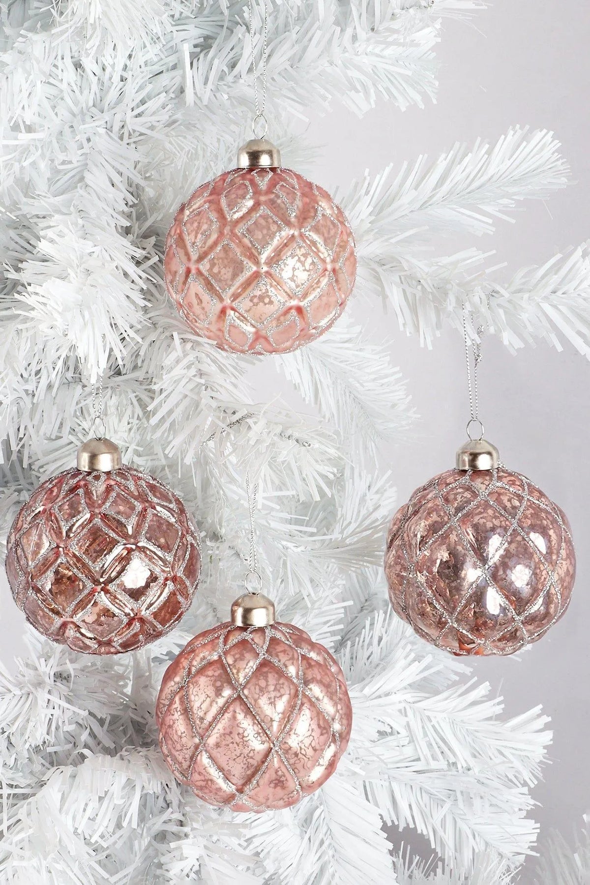 Set of 4 Antique Rose Pink Mercury Glass Christmas Baubles — G Decor