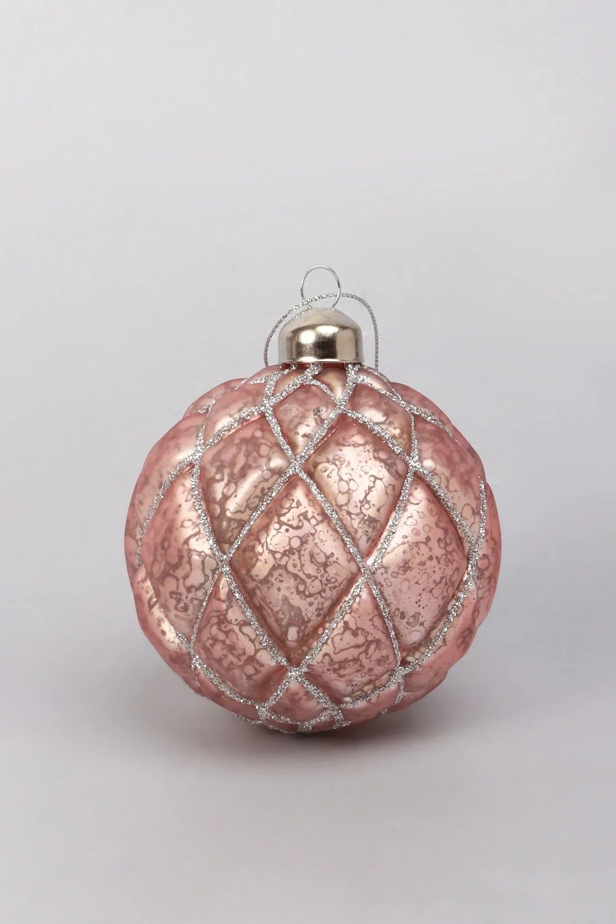 Set of 4 Antique Rose Pink Mercury Glass Christmas Baubles — close-up view, G Decor