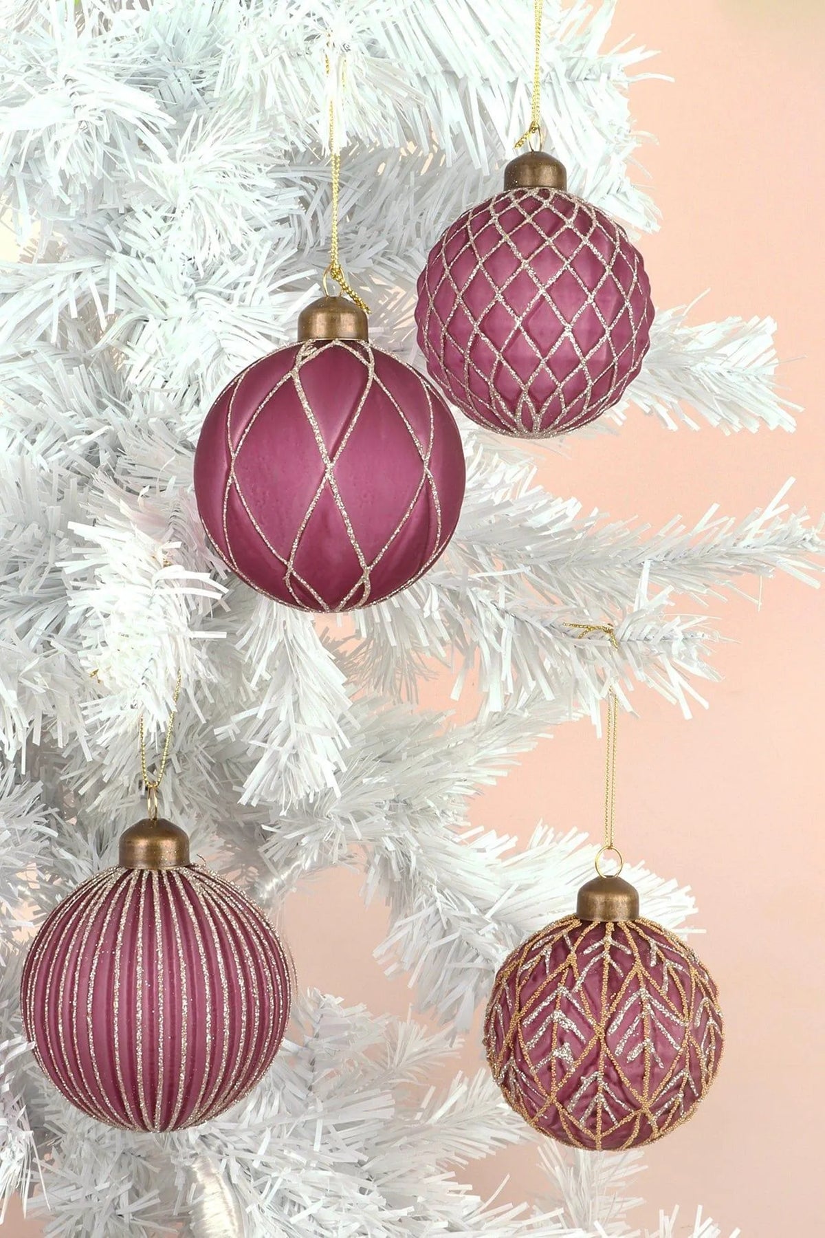 Set of 4 Pink Plum Glass Christmas Baubles with Gold and Silver Glitter — G Decor