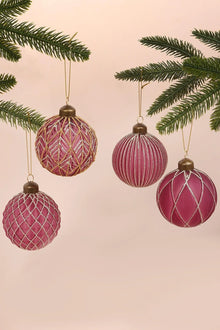Hand-Painted Pink Plum Glass Christmas Baubles — Set of 4