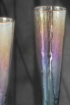 Iridescent Grey Hammered Champagne Flutes with Gold Rim Set of 4 — close-up view, G Decor