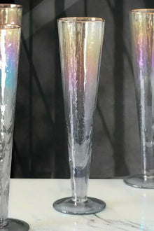 Iridescent Grey Hammered Champagne Flutes with Gold Rim Set of 4