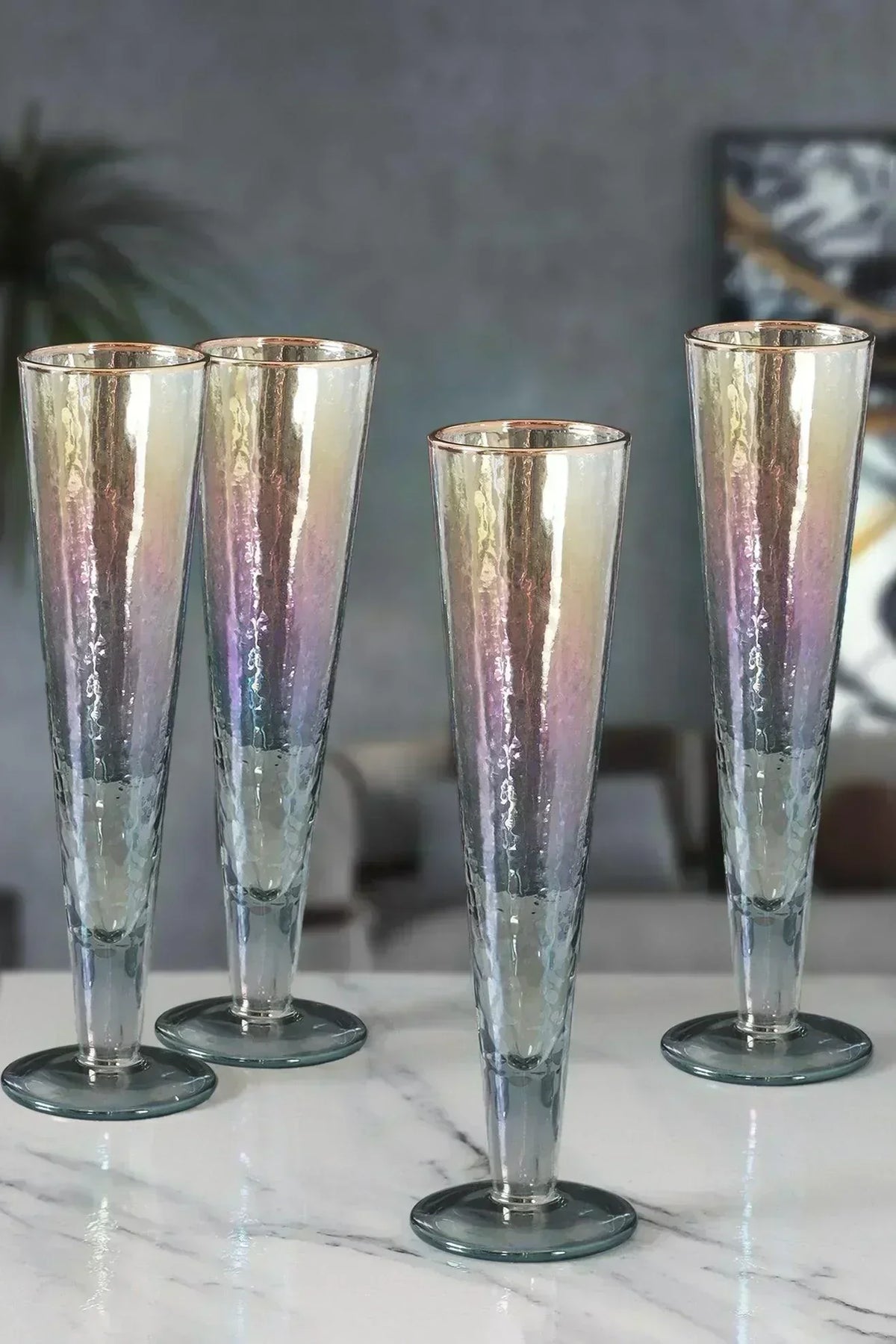 Iridescent Grey Hammered Champagne Flutes with Gold Rim Set of 4 — G Decor