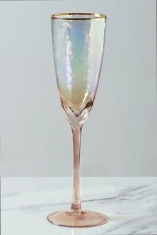 Iridescent Pearl Hammered Champagne Flutes with Gold Rim Set of 4
