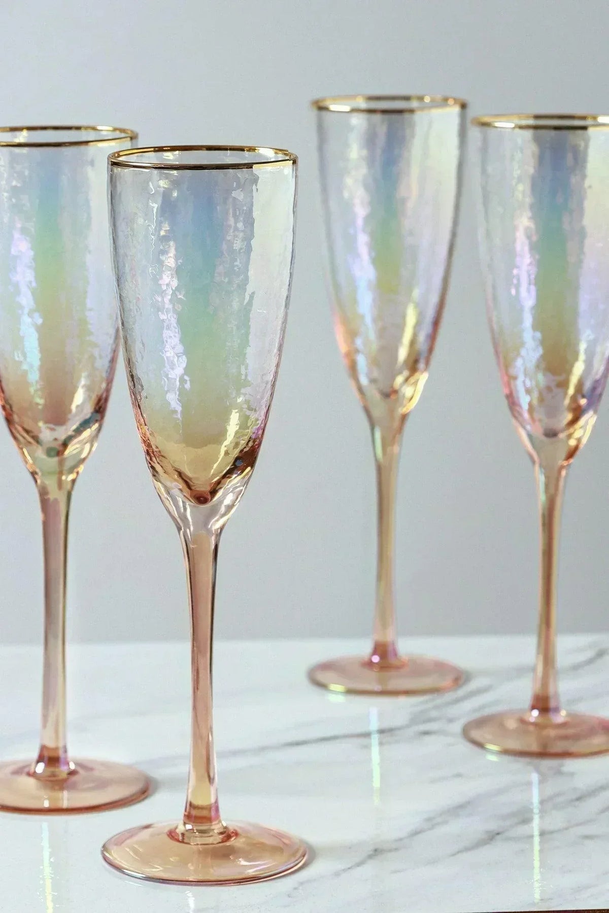 Iridescent pearl hammered champagne flutes with gold rim, set of 4 — handmade, G Decor